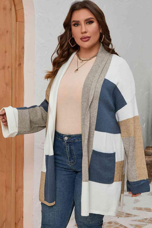 Plus Size Color Block Long Sleeve Cardigan - Olive Ave