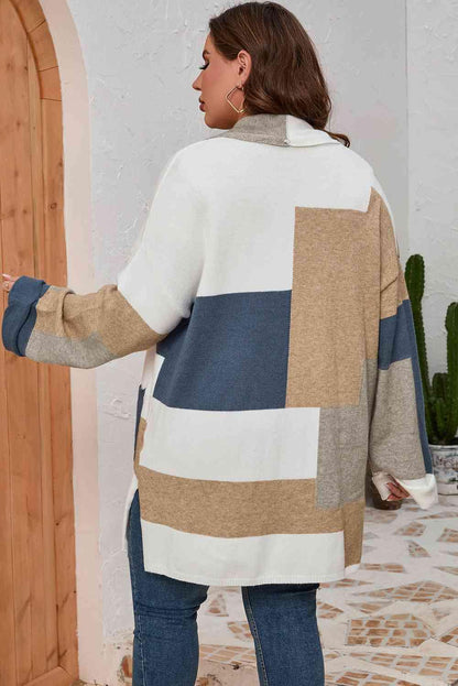 Plus Size Color Block Long Sleeve Cardigan - Olive Ave