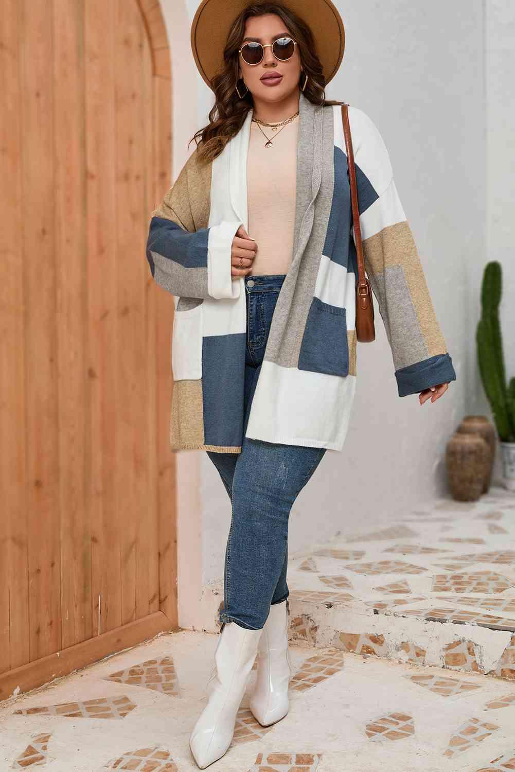 Plus Size Color Block Long Sleeve Cardigan - Olive Ave