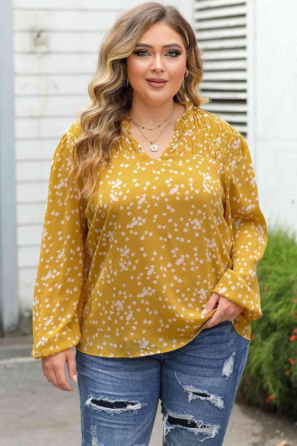 Plus Size Notched Neck Smocked Blouse - Olive Ave