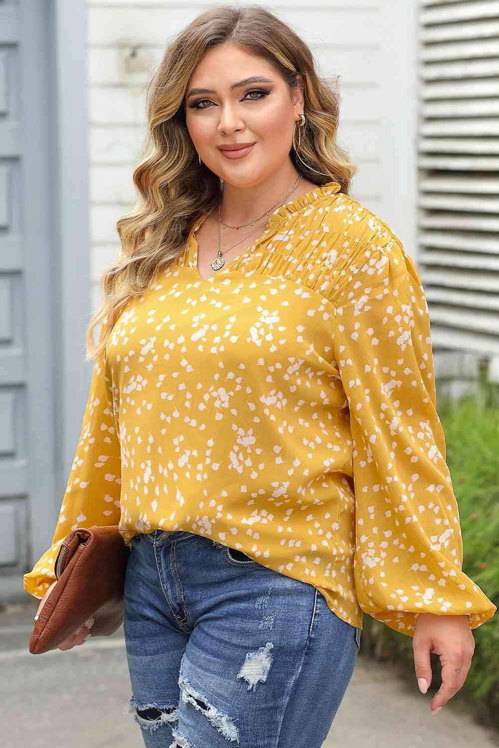 Plus Size Notched Neck Smocked Blouse - Olive Ave