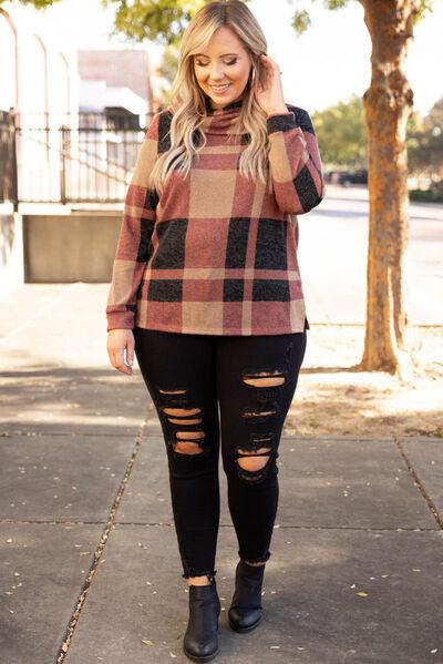 Plus Size Plaid Cowl Neck Top - Olive Ave