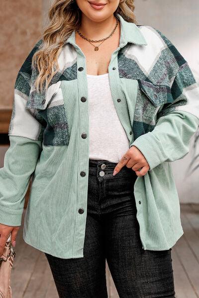 Plus Size Plaid Snap Down Jacket with Pockets - Olive Ave