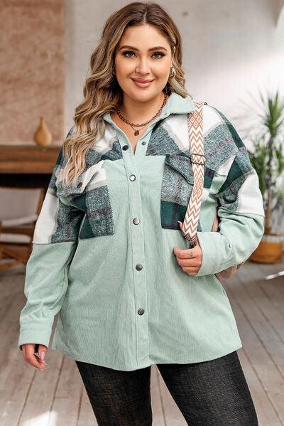 Plus Size Plaid Snap Down Jacket with Pockets - Olive Ave