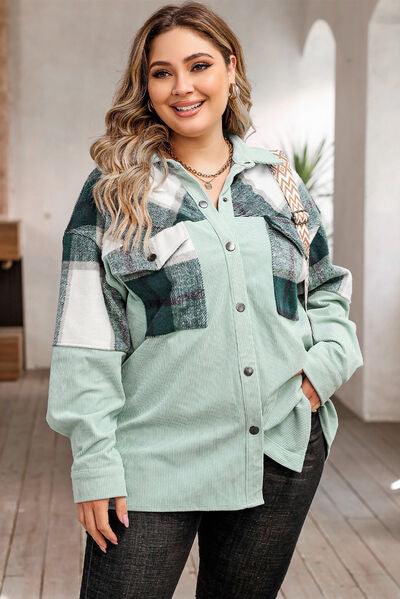 Plus Size Plaid Snap Down Jacket with Pockets - Olive Ave