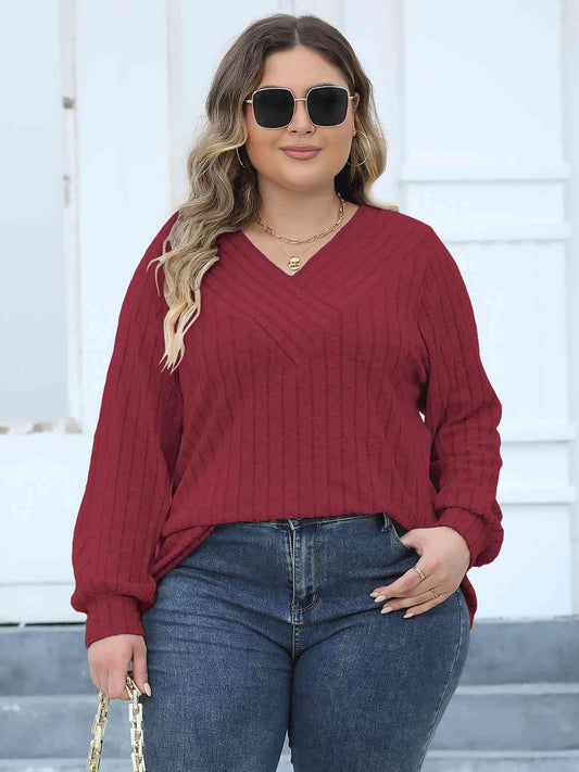Plus Size Ribbed V-Neck Top in 4 Colors - Olive Ave