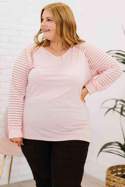 Plus Size Sheer Striped Sleeve Top - Olive Ave