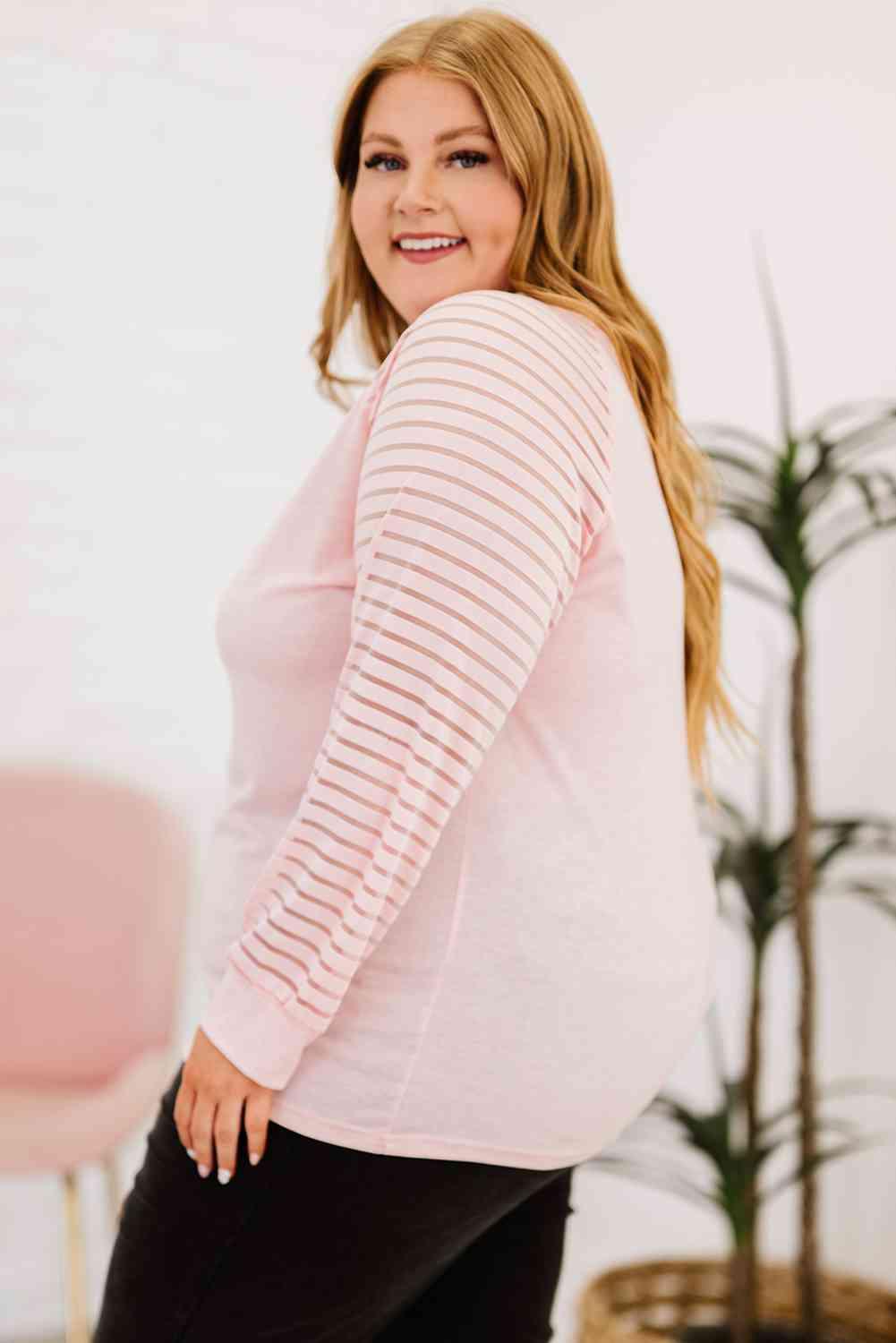 Plus Size Sheer Striped Sleeve Top - Olive Ave