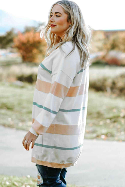 Plus Size Striped Open Front Cardigan - Olive Ave