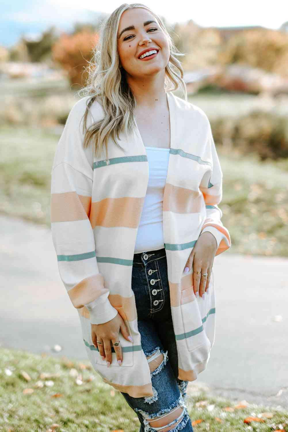 Plus Size Striped Open Front Cardigan - Olive Ave
