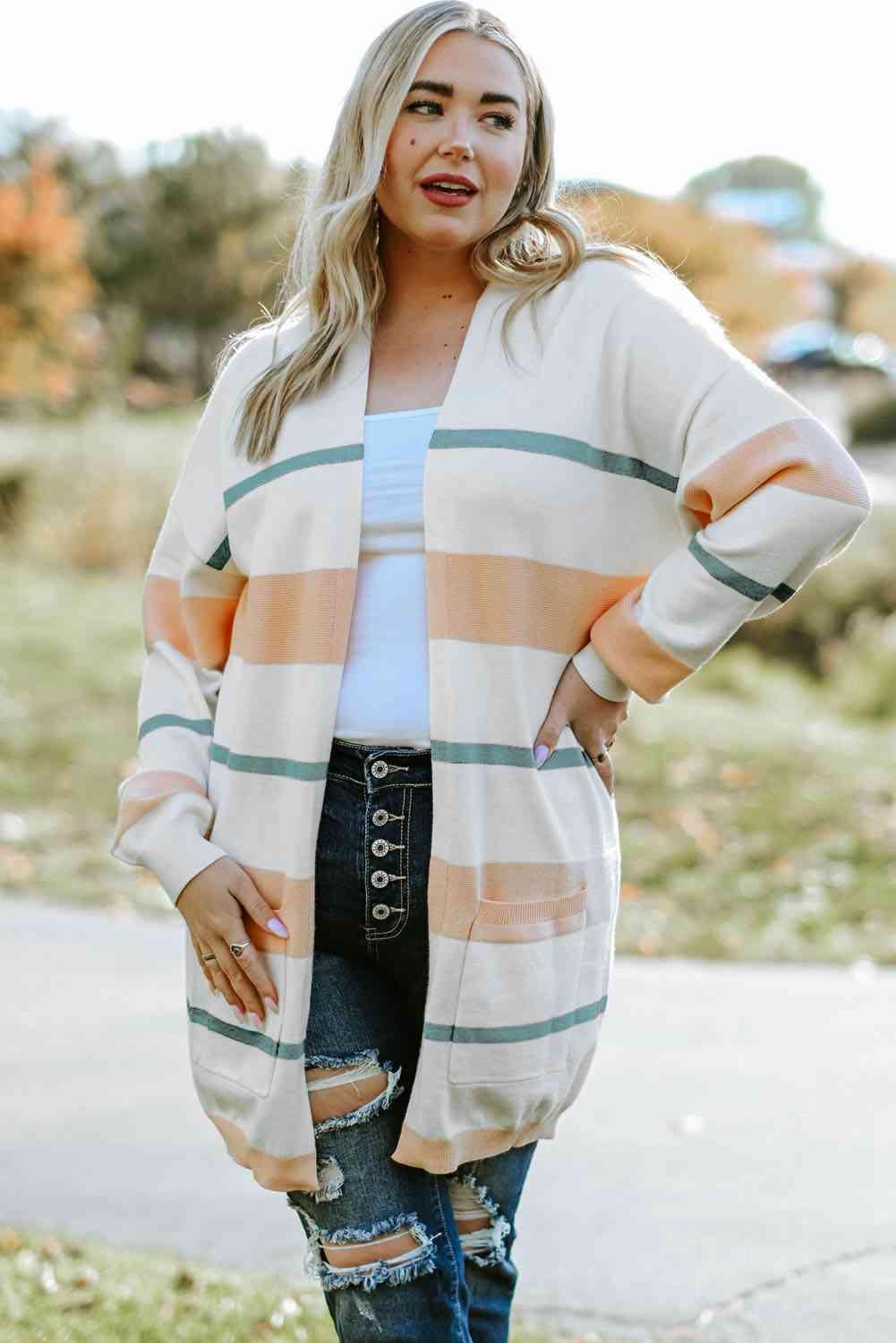 Plus Size Striped Open Front Cardigan - Olive Ave