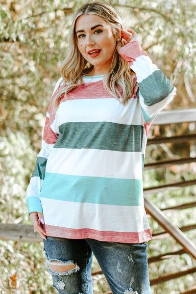 Plus Size Striped Slit Long Sleeve Top in 8 Colors - Olive Ave
