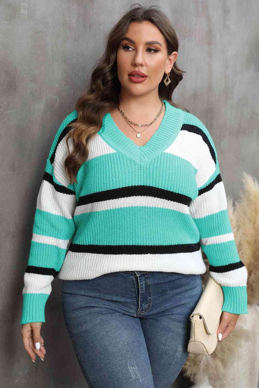 Plus Size Striped V-Neck Sweater - Olive Ave