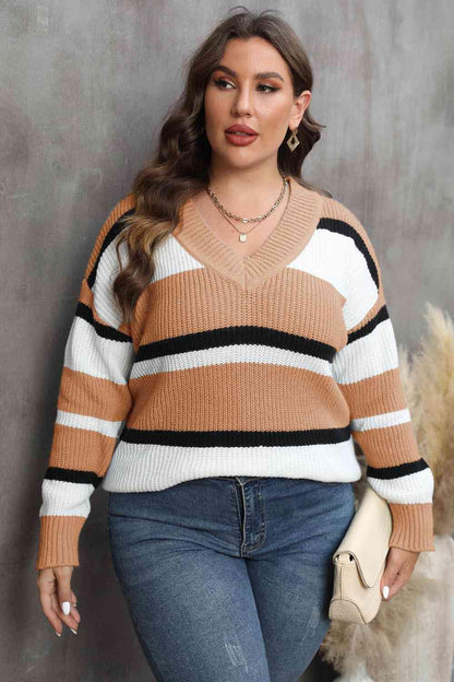 Plus Size Striped V-Neck Sweater - Olive Ave