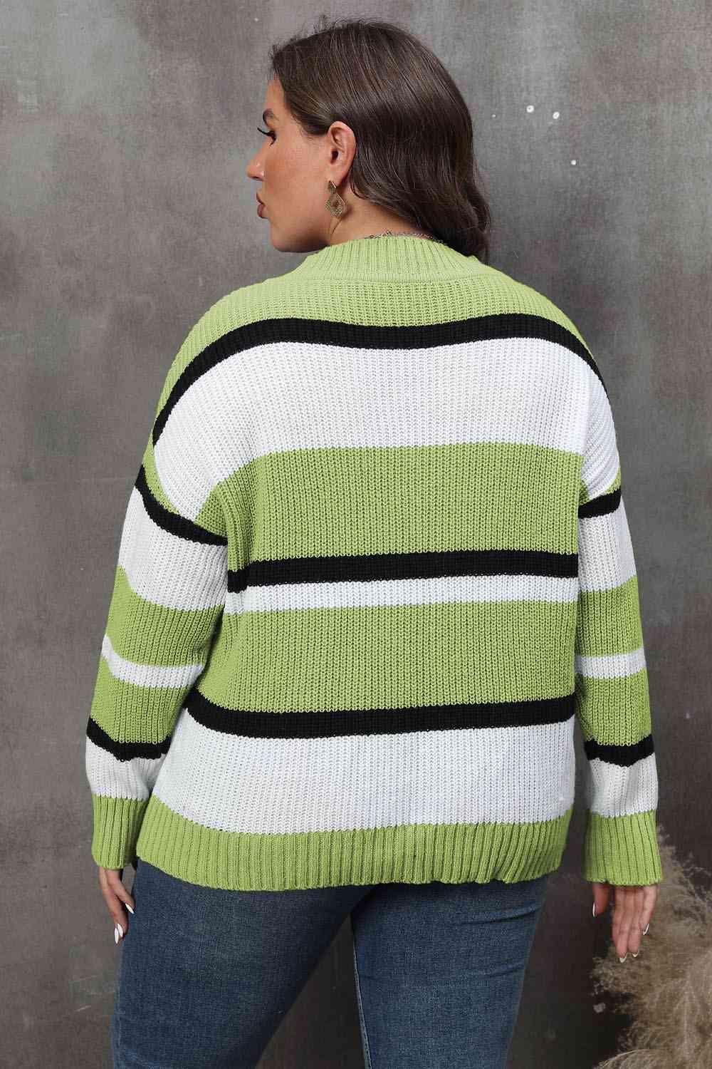 Plus Size Striped V-Neck Sweater - Olive Ave