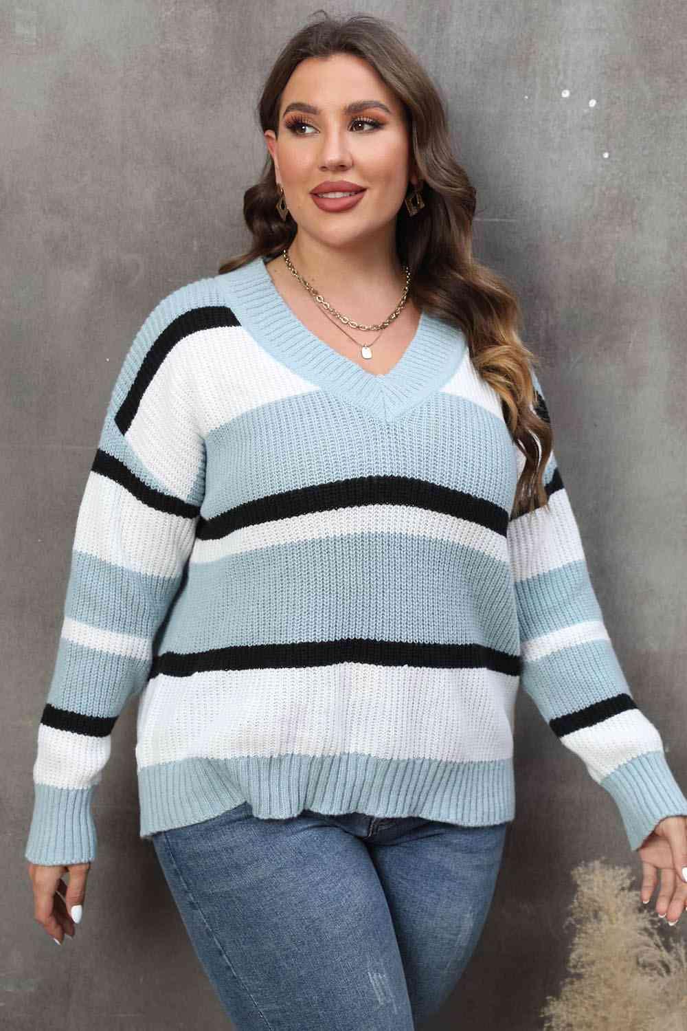 Plus Size Striped V-Neck Sweater - Olive Ave