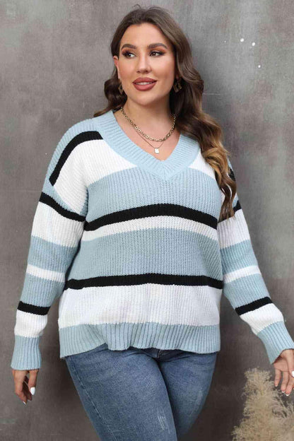 Plus Size Striped V-Neck Sweater - Olive Ave