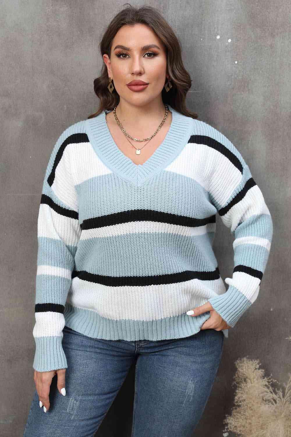 Plus Size Striped V-Neck Sweater - Olive Ave