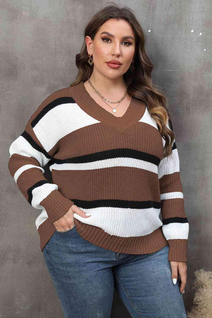 Plus Size Striped V-Neck Sweater - Olive Ave