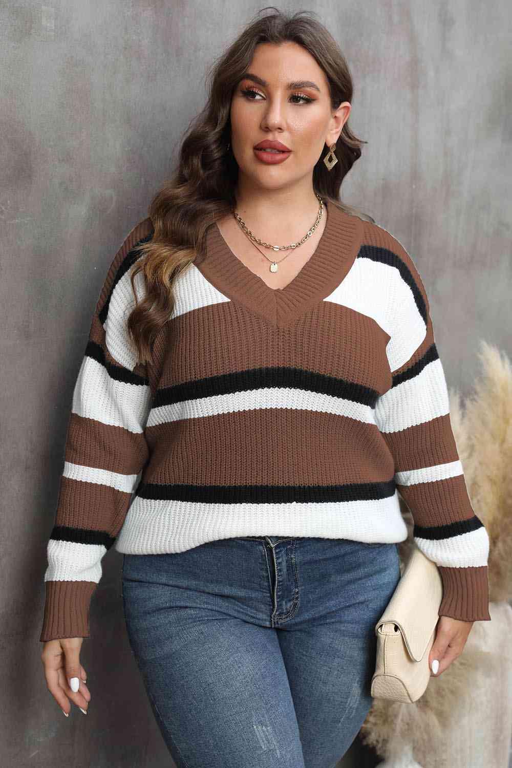 Plus Size Striped V-Neck Sweater - Olive Ave