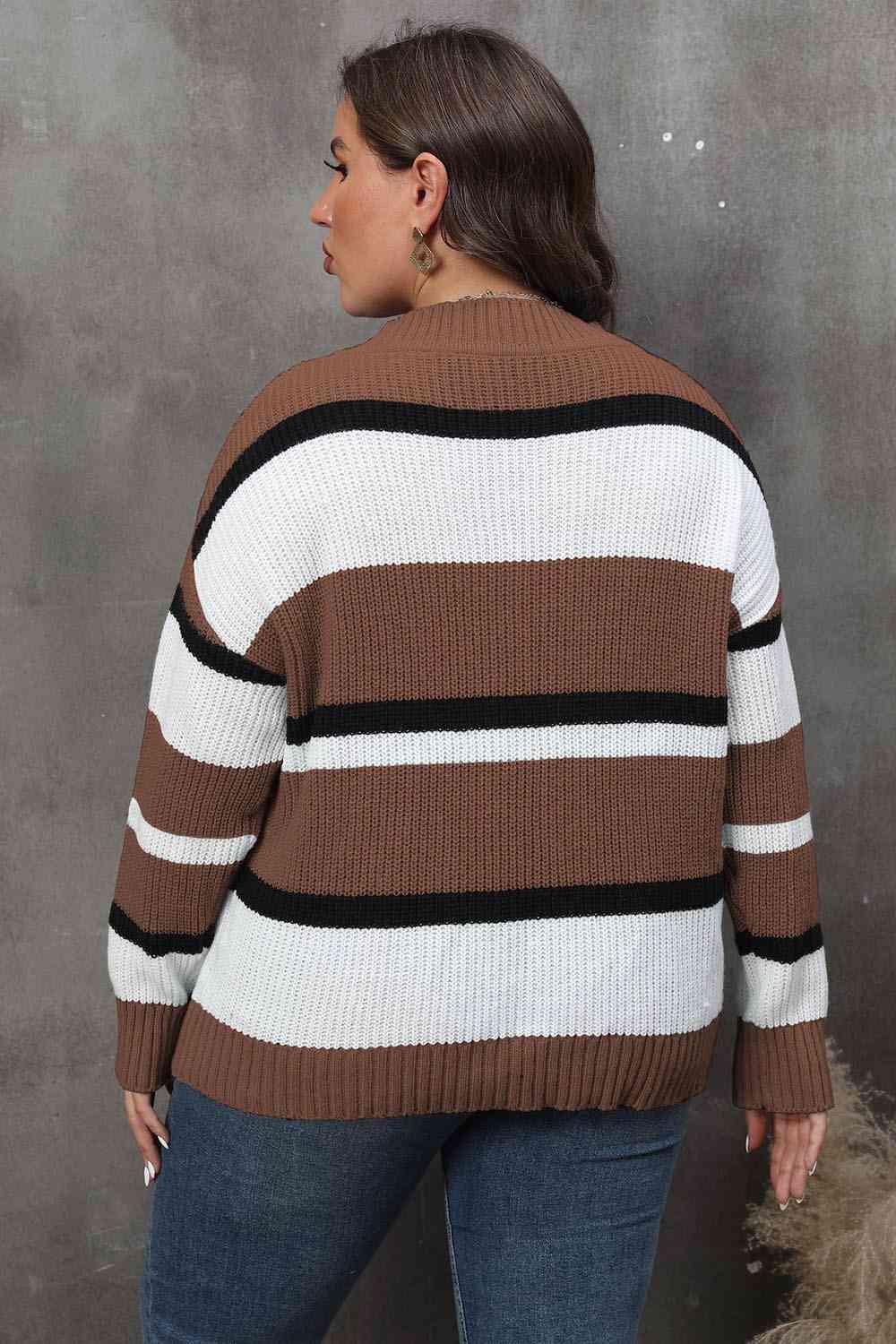 Plus Size Striped V-Neck Sweater - Olive Ave