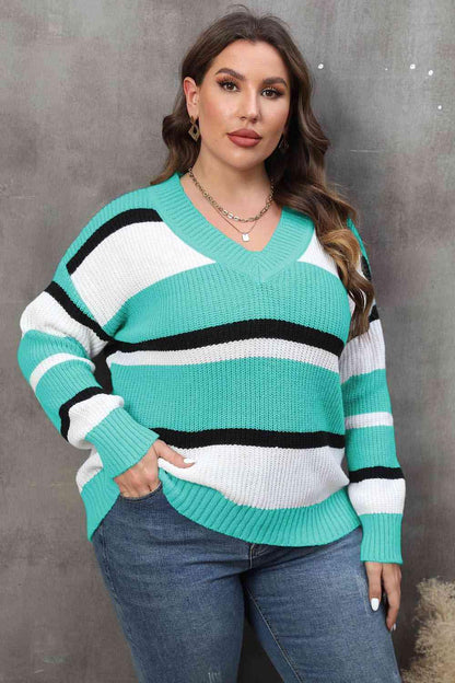 Plus Size Striped V-Neck Sweater - Olive Ave