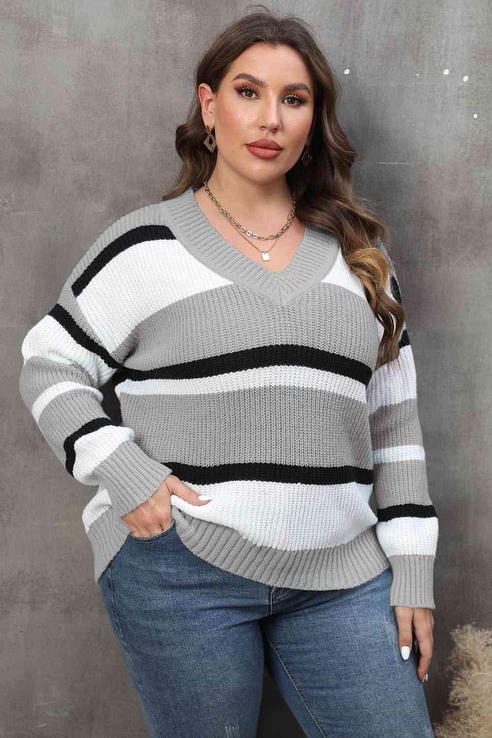 Plus Size Striped V-Neck Sweater - Olive Ave