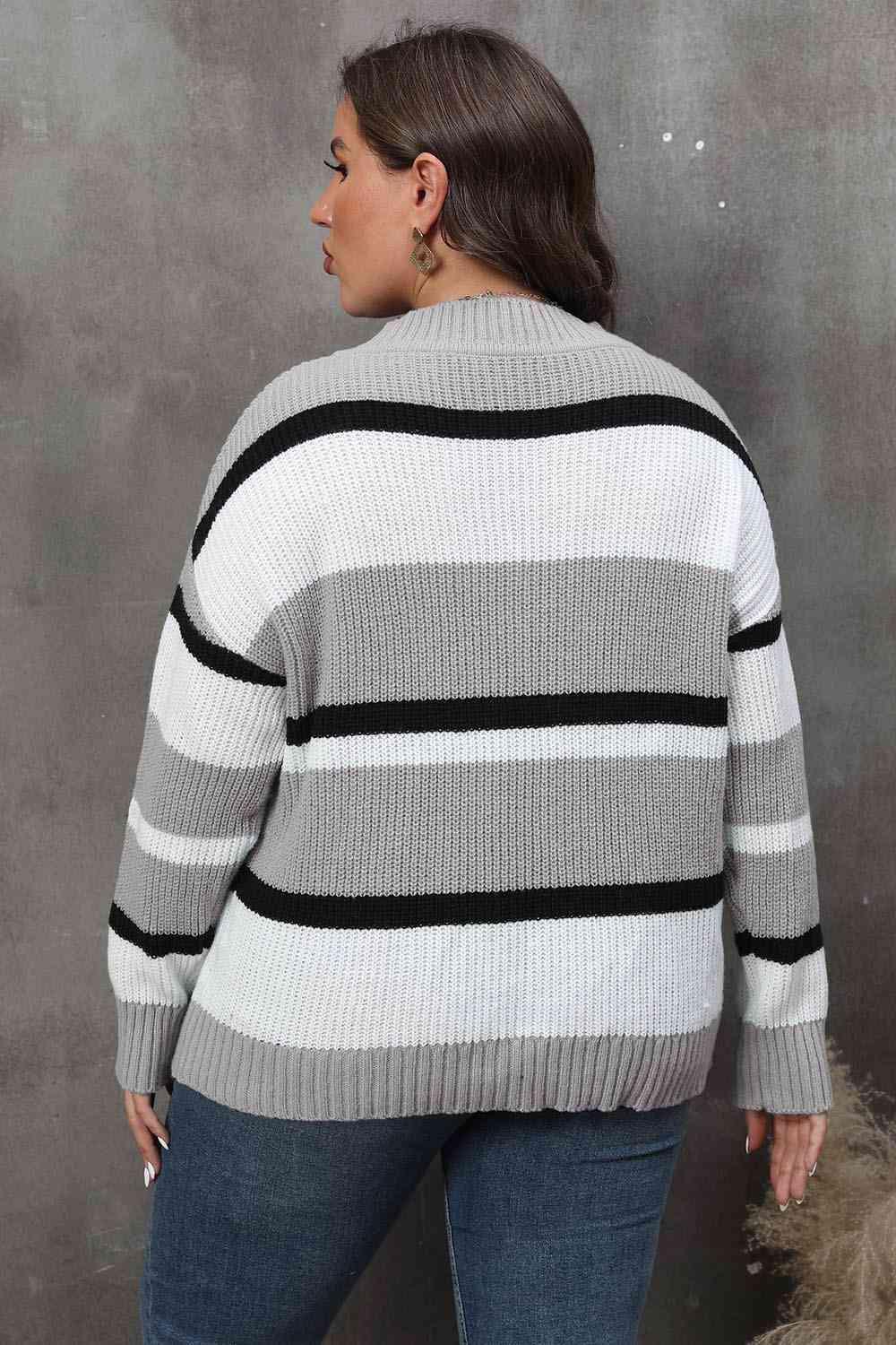 Plus Size Striped V-Neck Sweater - Olive Ave