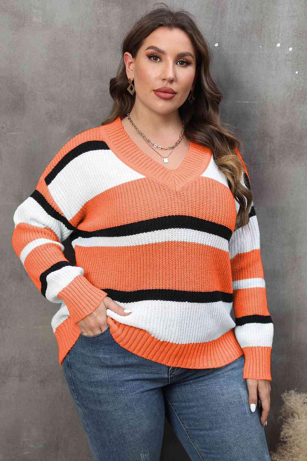 Plus Size Striped V-Neck Sweater - Olive Ave