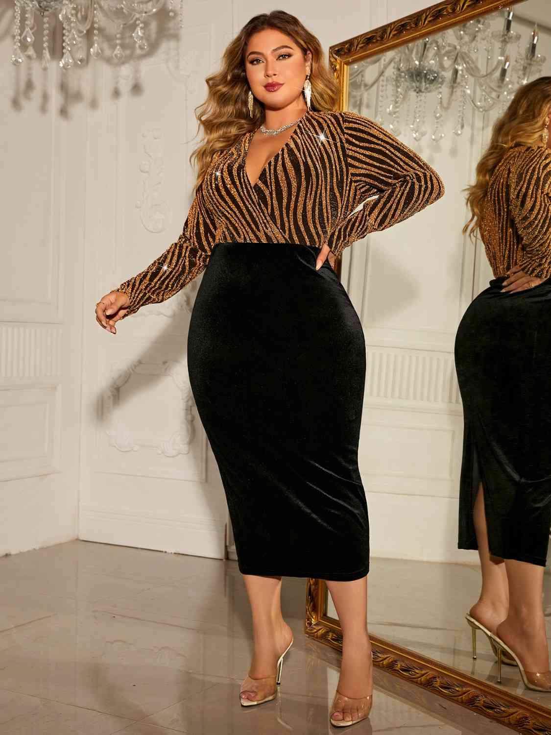 Plus Size Surplice Long Sleeve Slit Dress - Olive Ave