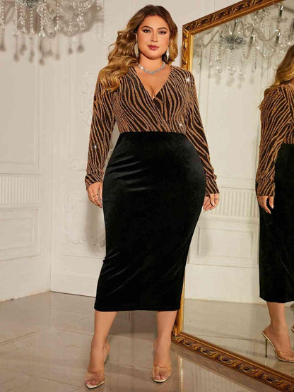 Plus Size Surplice Long Sleeve Slit Dress - Olive Ave