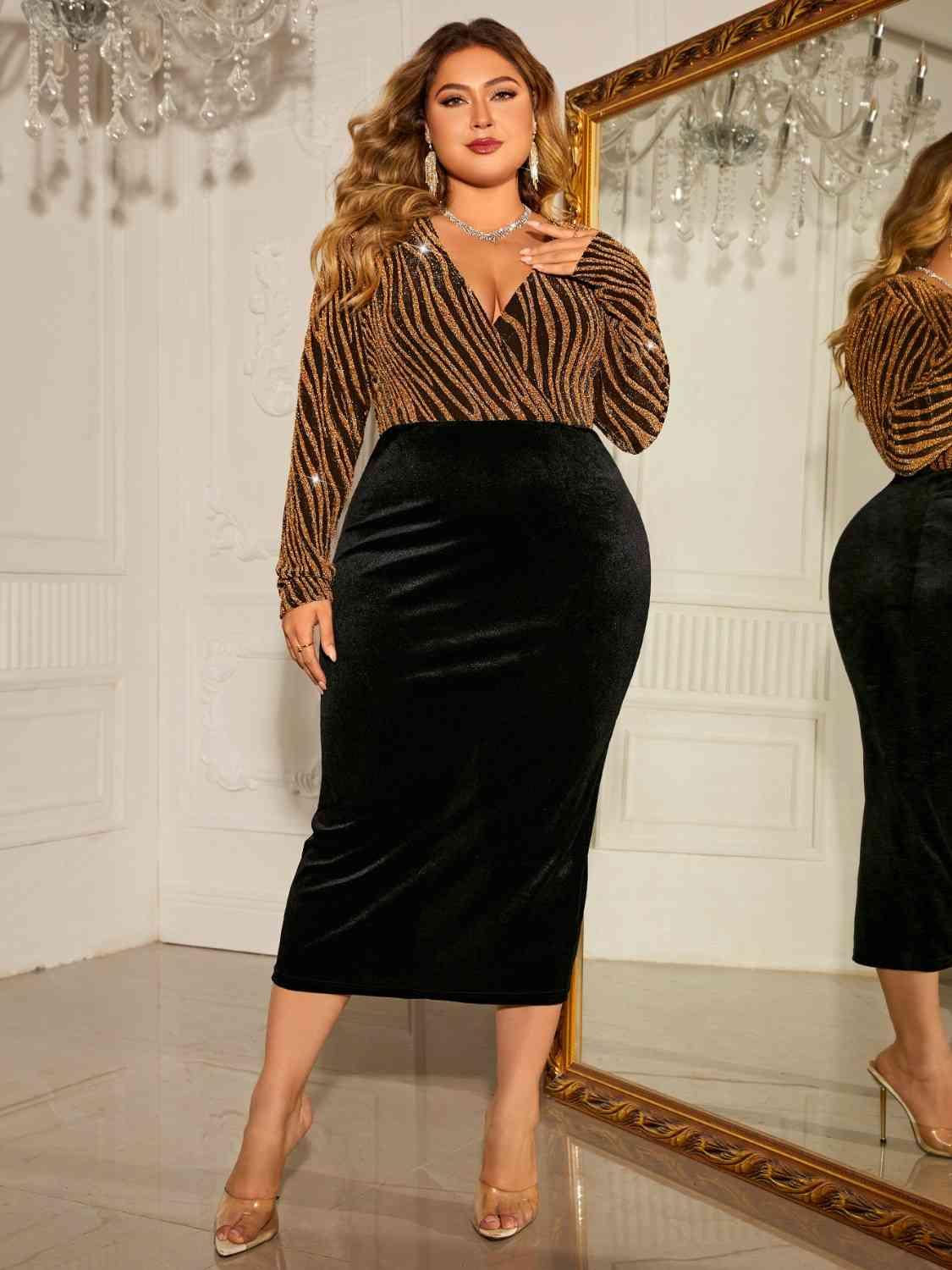 Plus Size Surplice Long Sleeve Slit Dress - Olive Ave