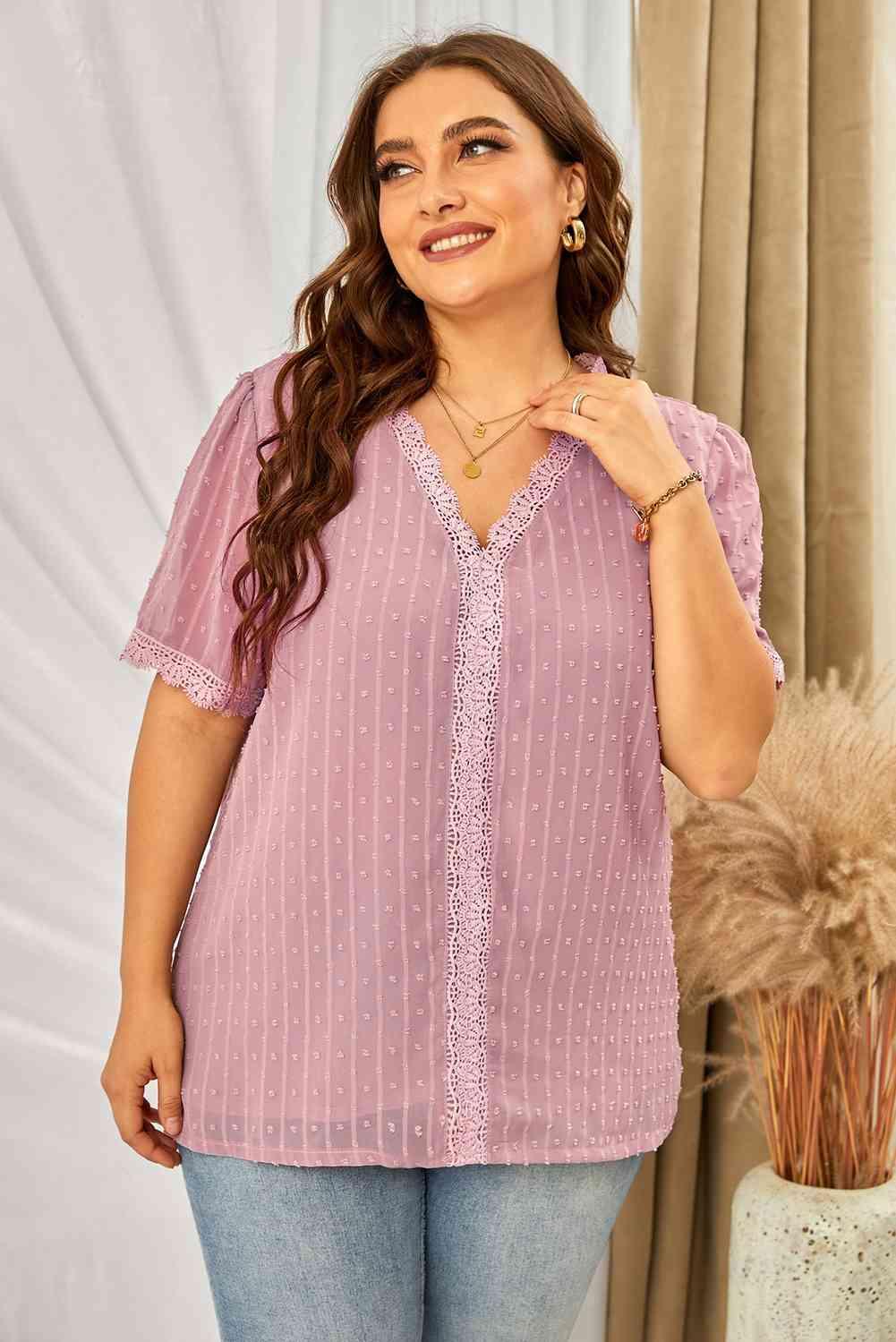 Plus Size Swiss Dot Spliced Lace Blouse - Olive Ave