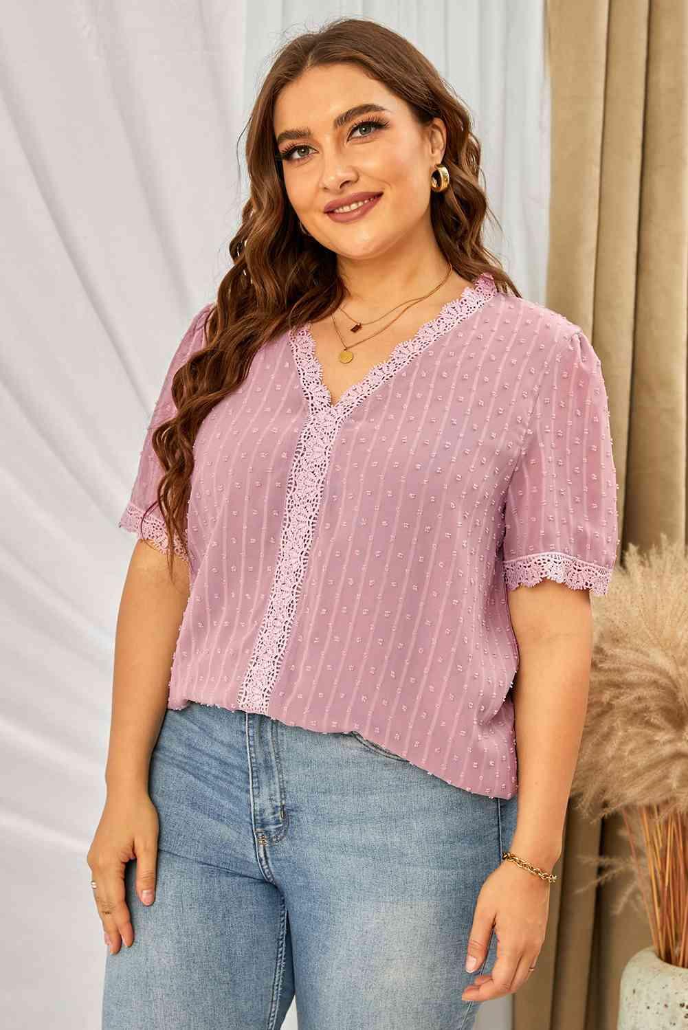 Plus Size Swiss Dot Spliced Lace Blouse - Olive Ave