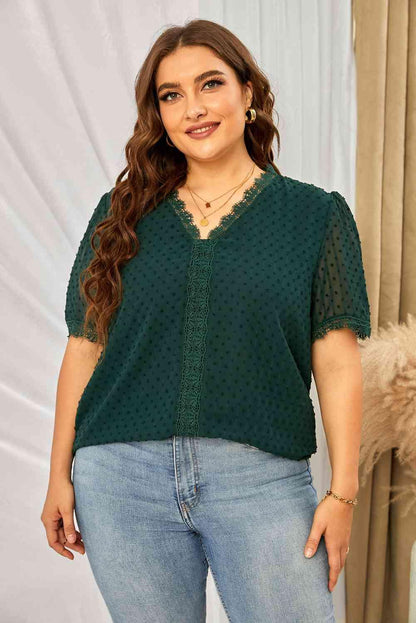 Plus Size Swiss Dot Spliced Lace Blouse - Olive Ave