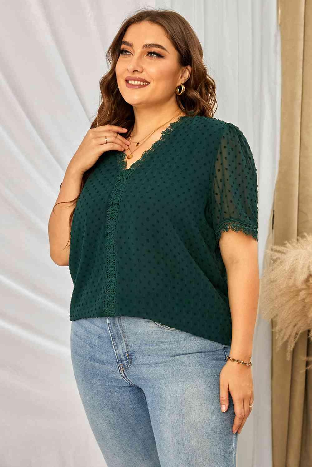 Plus Size Swiss Dot Spliced Lace Blouse - Olive Ave