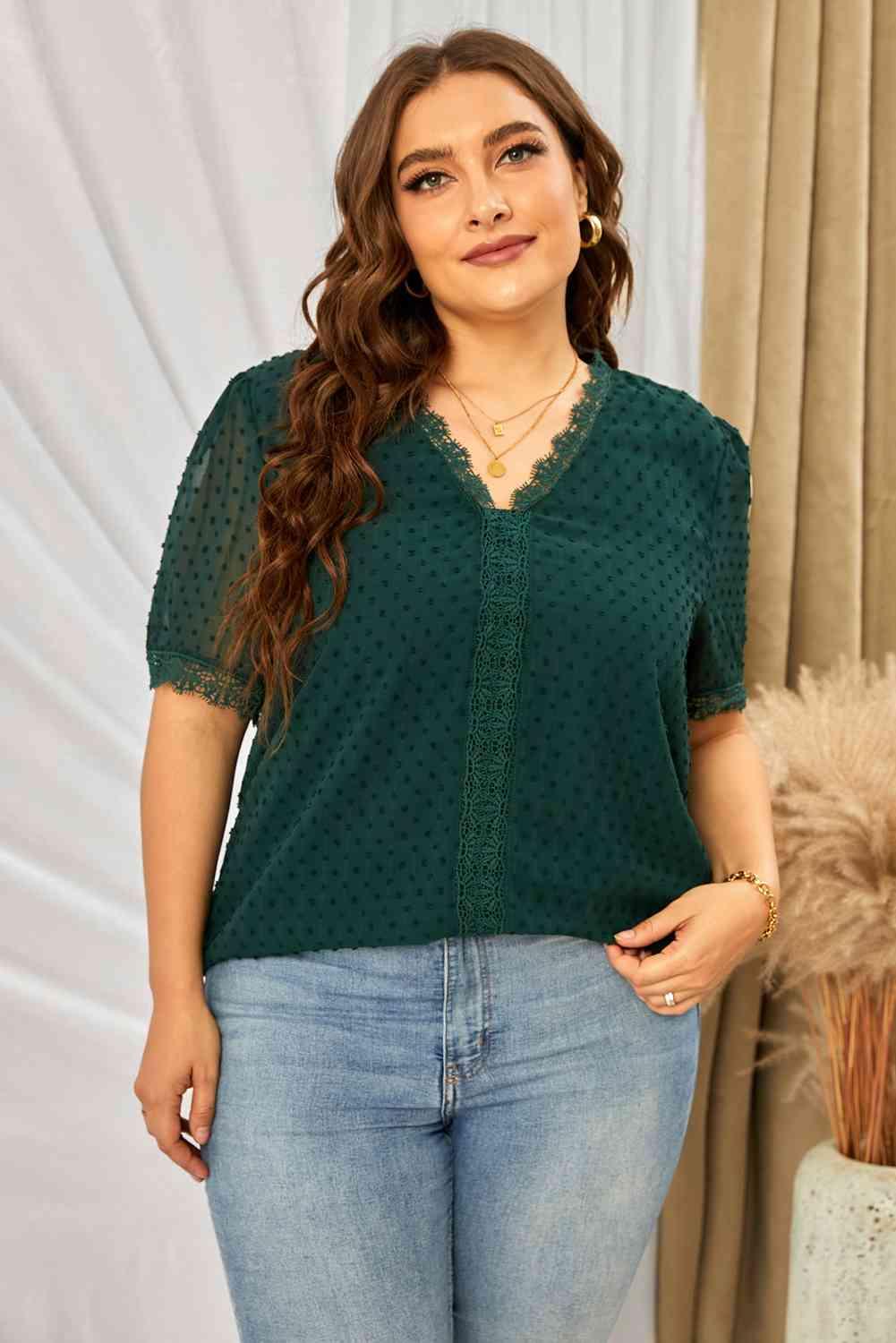 Plus Size Swiss Dot Spliced Lace Blouse - Olive Ave