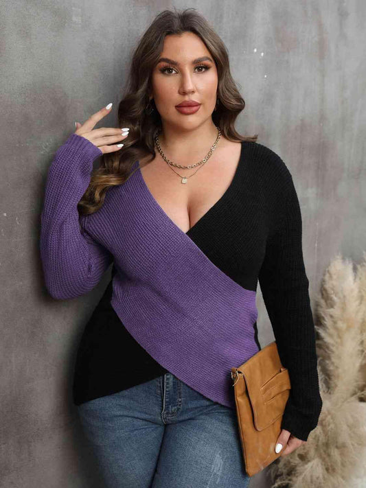 Plus Size Two-Tone Surplice Sweater - Olive Ave