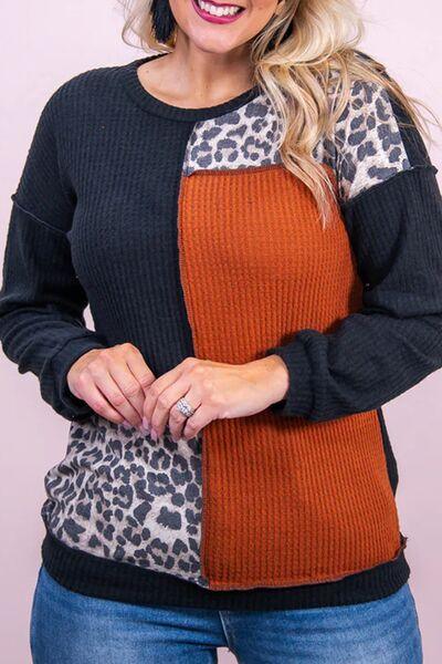 Plus Size Waffle-Knit Leopard Blouse - Olive Ave