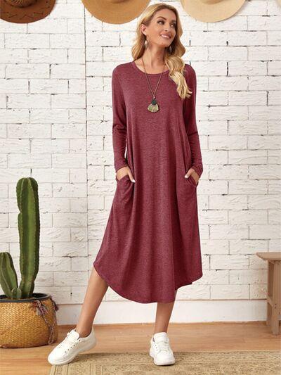 Pocketed Long Sleeve Tee Dress in 6 Colors - Olive Ave