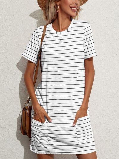 Pocketed Striped Short Sleeve Dress - Olive Ave