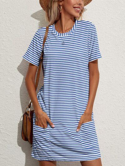 Pocketed Striped Short Sleeve Dress - Olive Ave