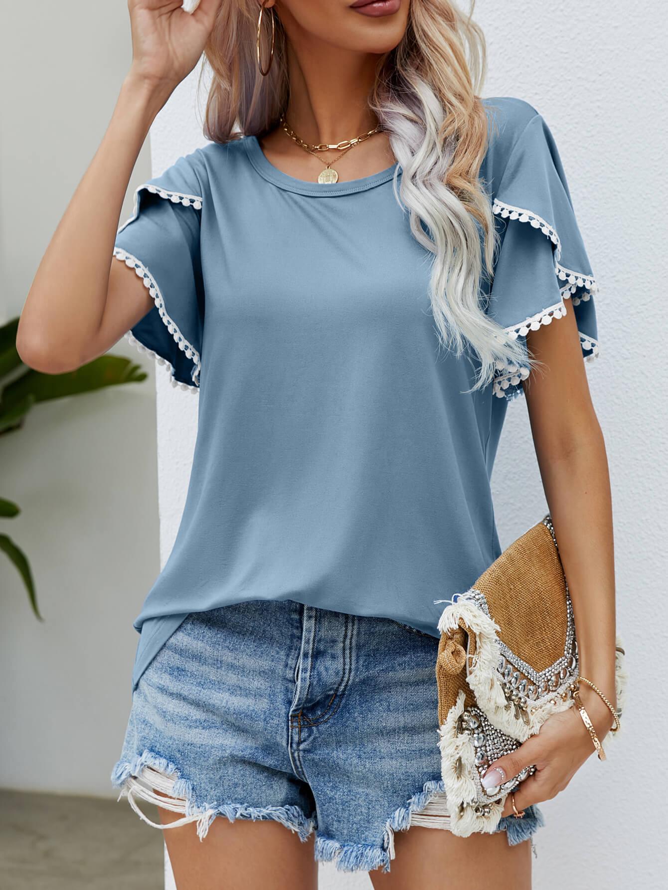 Pom-Pom Trim Flutter Sleeve Tee - Olive Ave