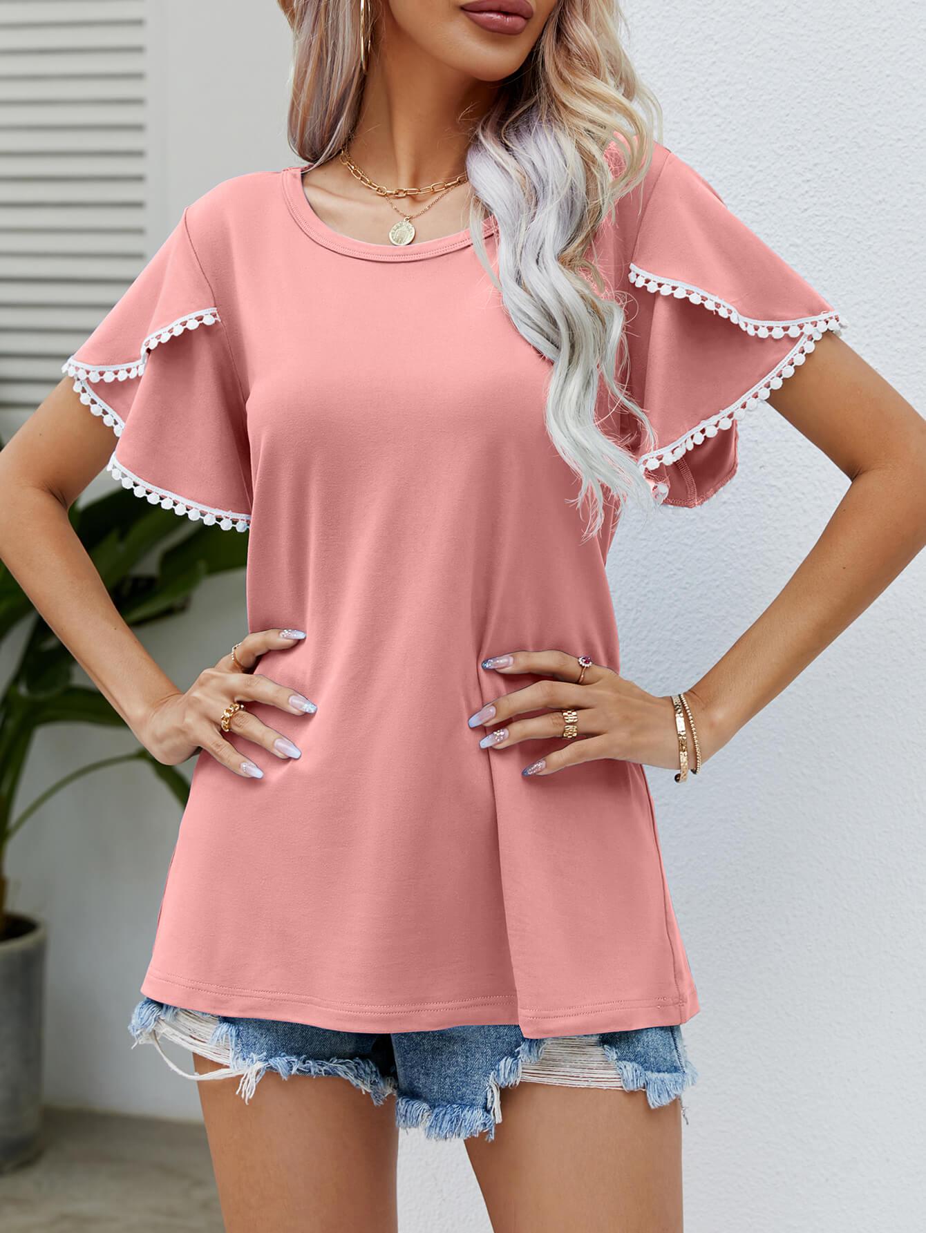 Pom-Pom Trim Flutter Sleeve Tee - Olive Ave