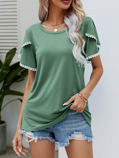 Pom-Pom Trim Flutter Sleeve Tee - Olive Ave