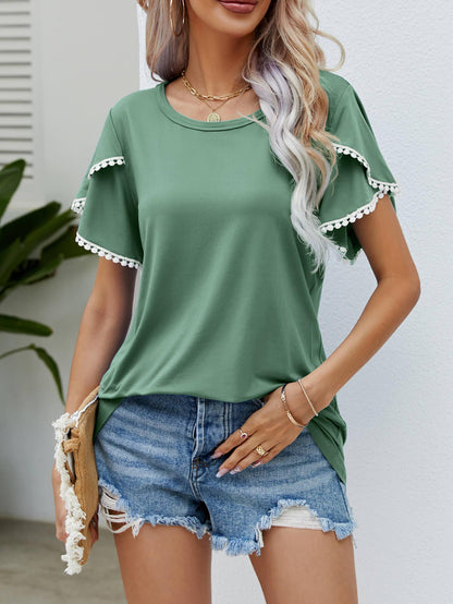 Pom-Pom Trim Flutter Sleeve Tee - Olive Ave