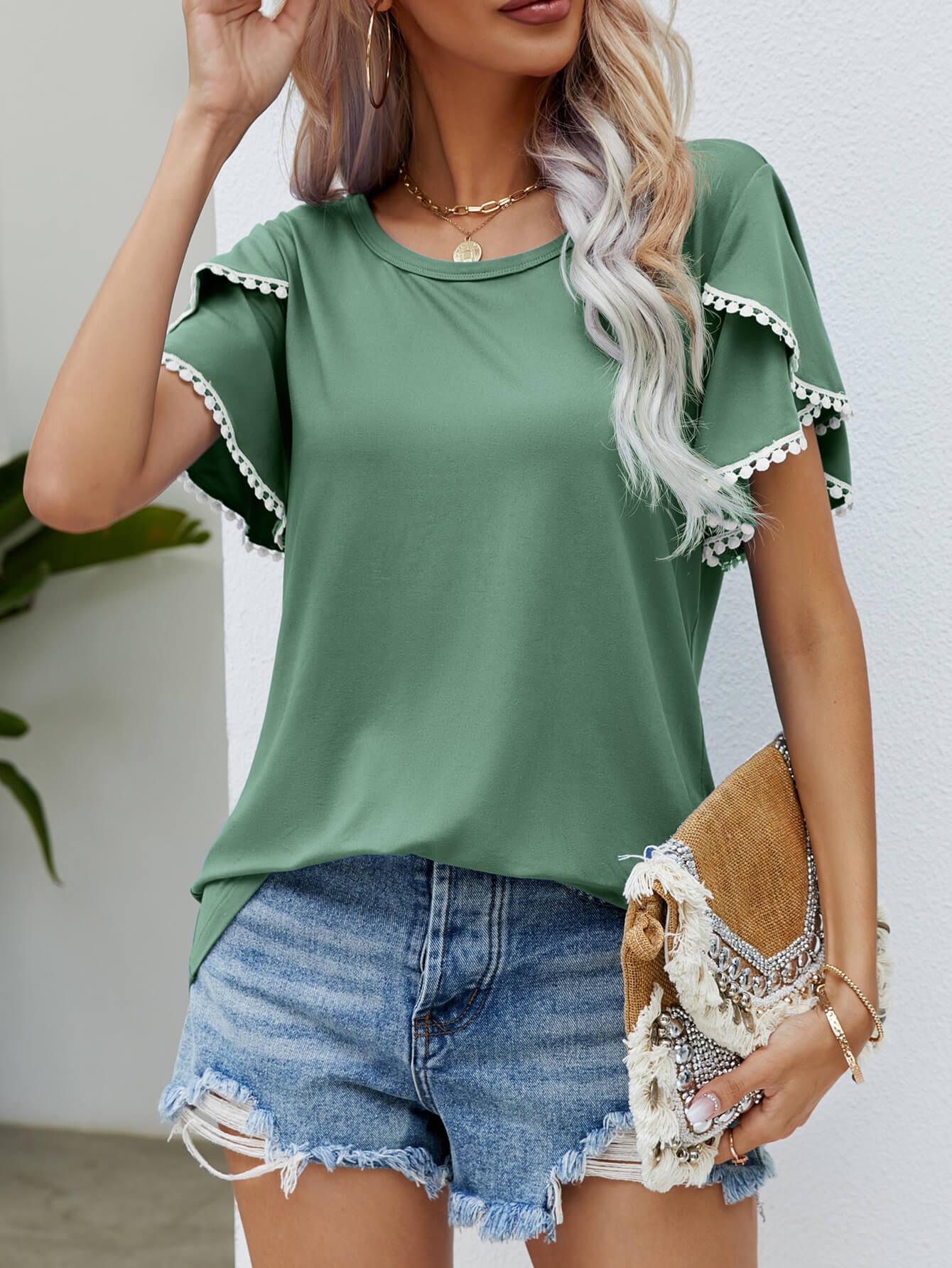 Pom-Pom Trim Flutter Sleeve Tee - Olive Ave