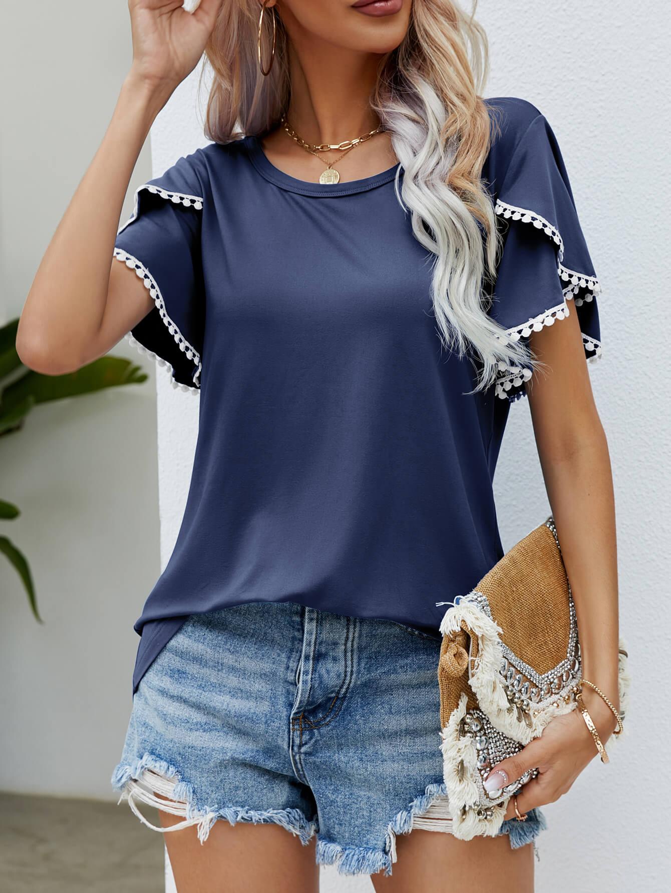 Pom-Pom Trim Flutter Sleeve Tee - Olive Ave