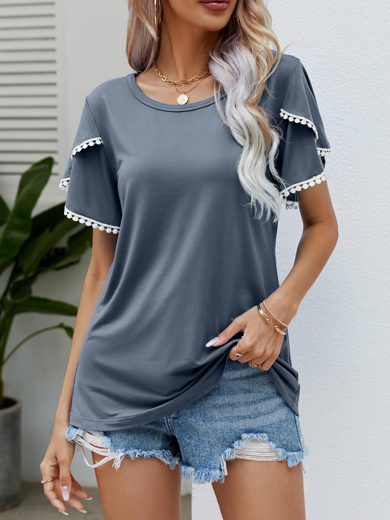 Pom-Pom Trim Flutter Sleeve Tee - Olive Ave