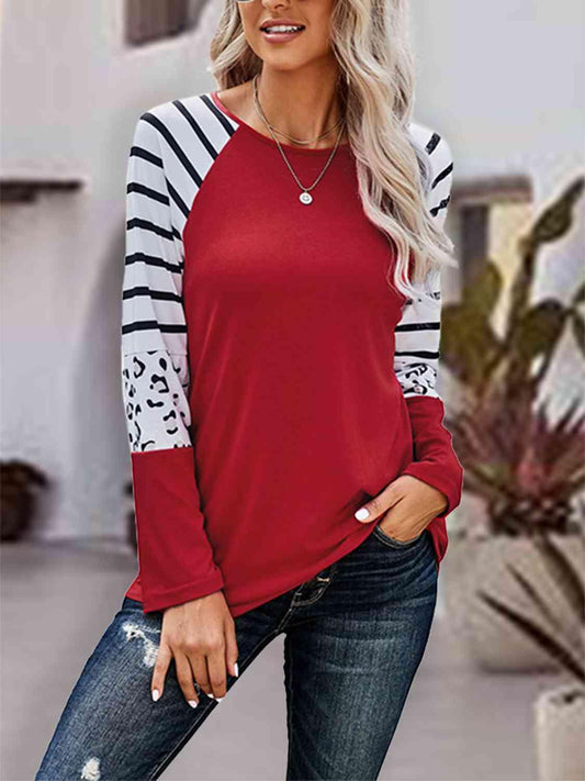 Printed Color Block Long Sleeve Top in 3 Colors - Olive Ave